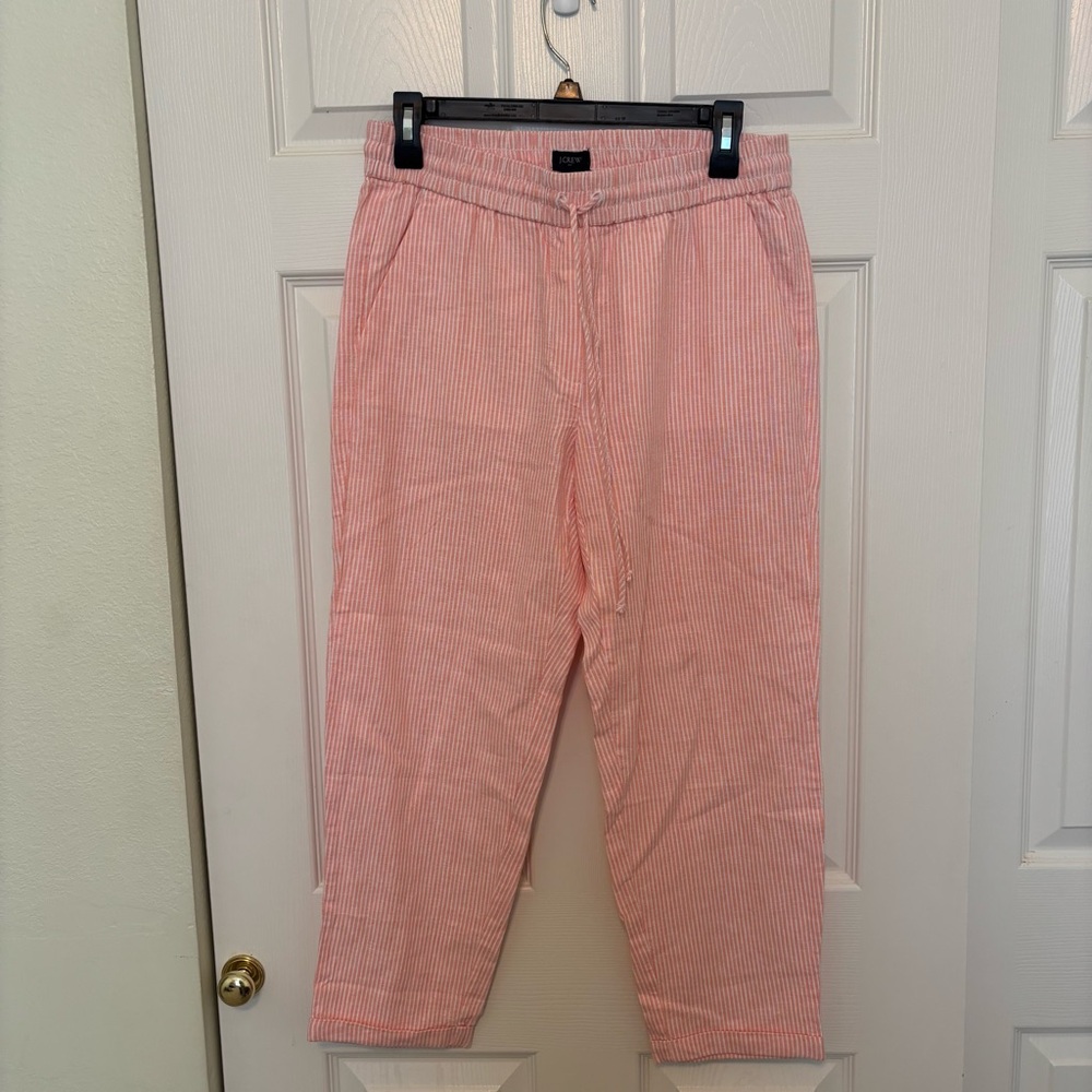 NWT J Crew Pink and White Striped Linen Cotton Blend Pants Size 8